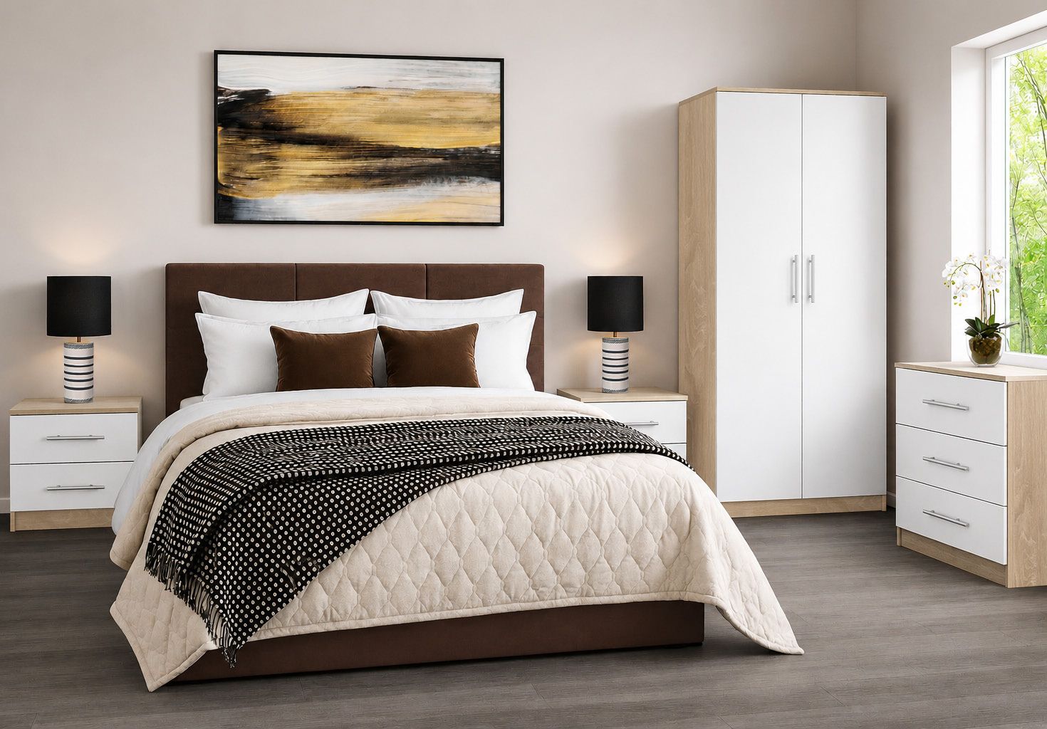 Adlington collection BTL bedroom furniture pack – Bardolino Oak & White Fronts with Latchmere headboard in Chocolate Velvet