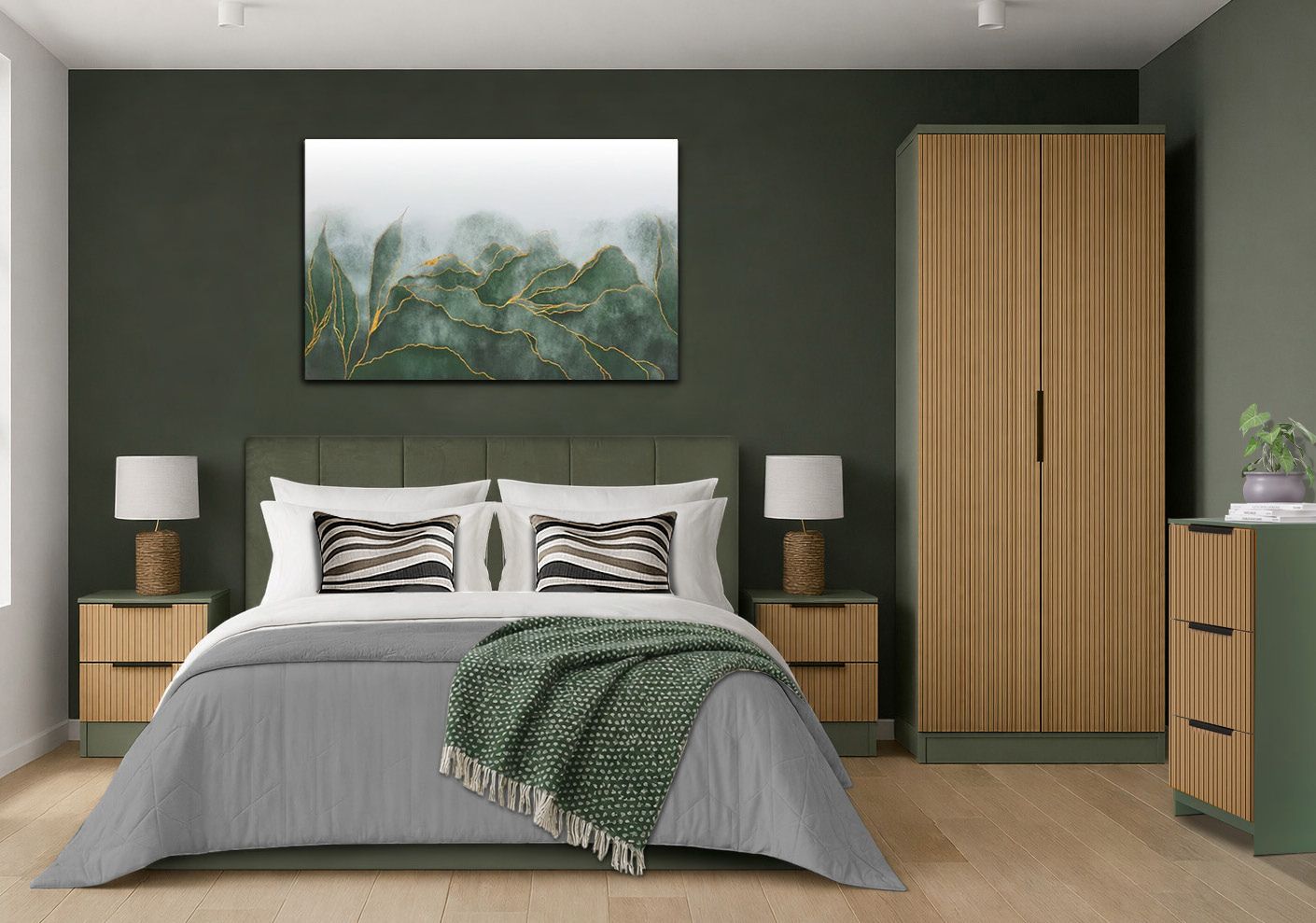 Alderley collection BTL bedroom furniture pack – Bora Reed Green with Liberty headboard in Aqua Velvet