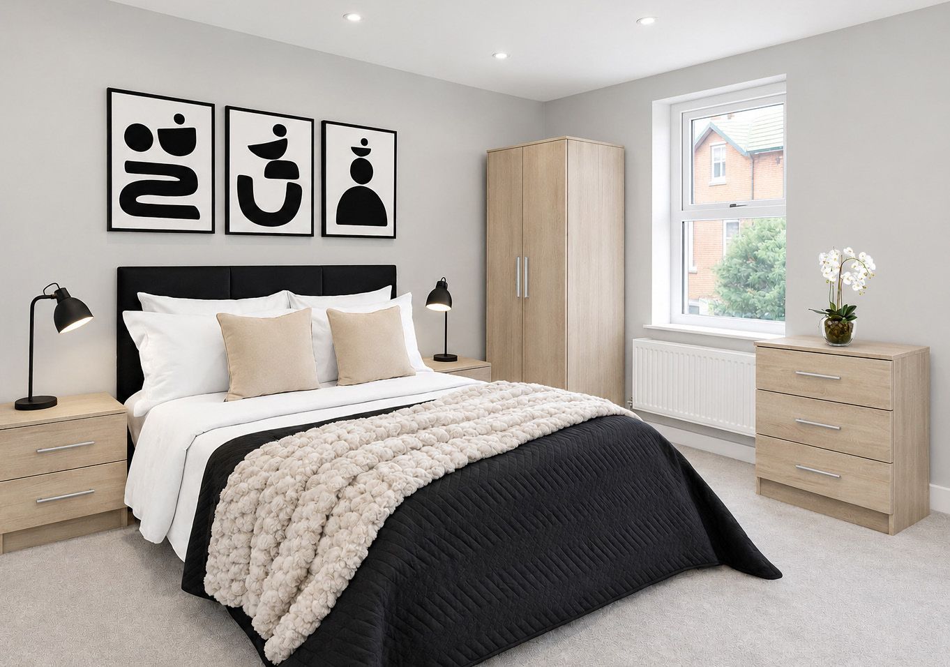 Astley collection BTL bedroom furniture pack – Bardolino Oak with Latchmere headboard in Black Velvet