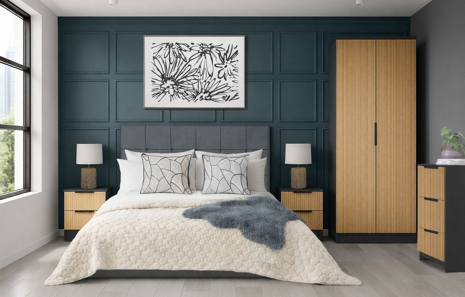 Birtles collection BTL bedroom furniture pack – Bora Graphite with Bridgemore headboard in Asphalt Velvet
