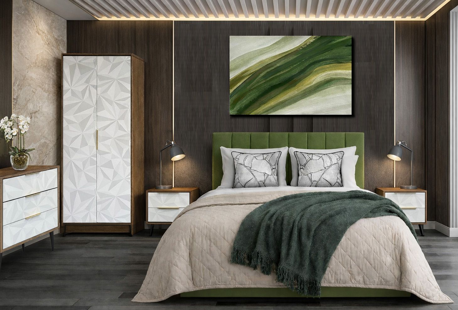 Capesthorne collection BTL bedroom furniture pack – Geo with Amy headboard in Green Velvet