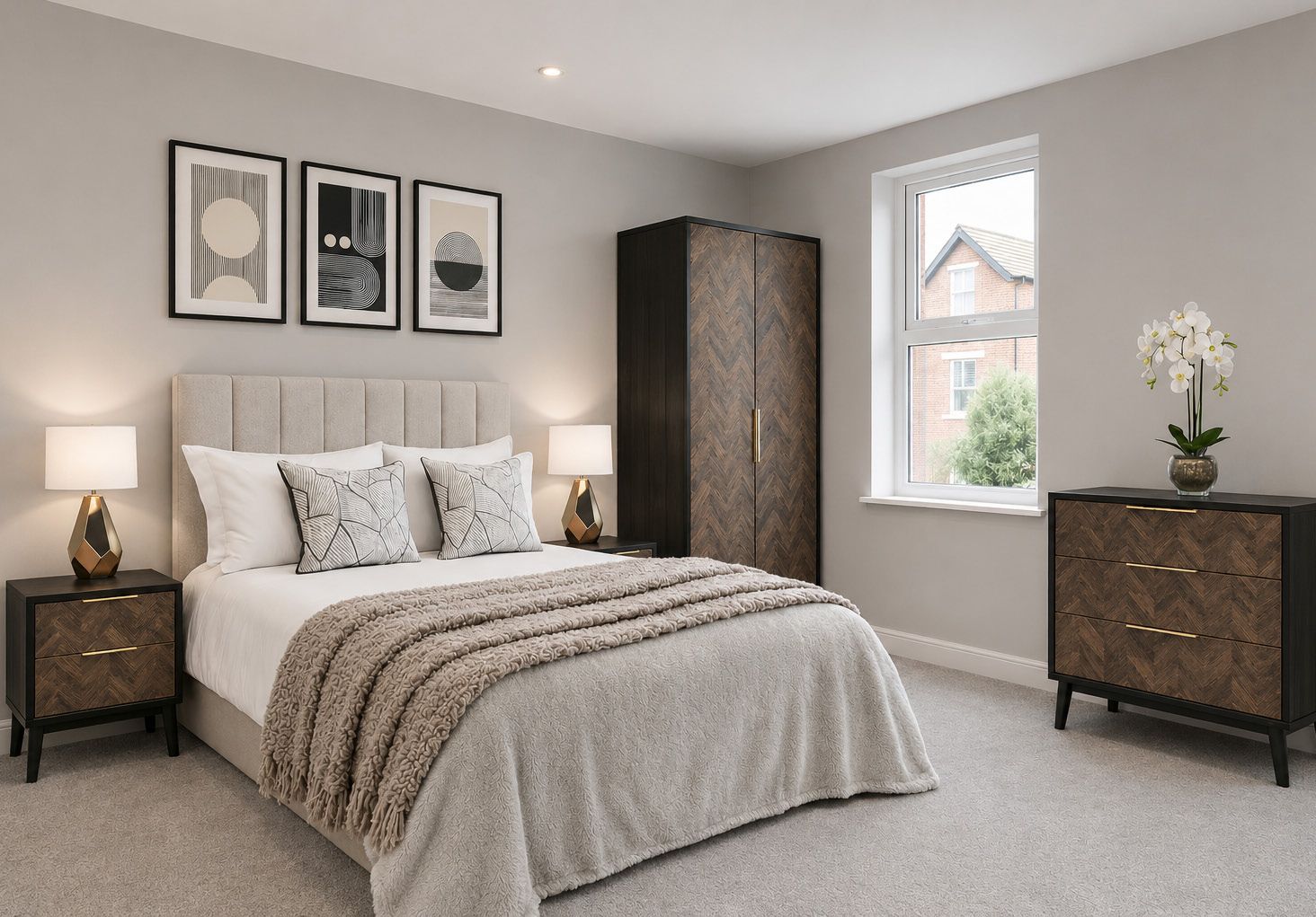 Gawsworth collection BTL bedroom furniture pack – Herringbone with Amy headboard in Mink Velvet