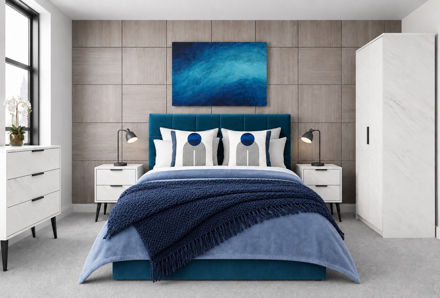 Henbury collection BTL bedroom furniture pack – Haus Kraft Marble with Bridgemore headboard in China Blue Velvet