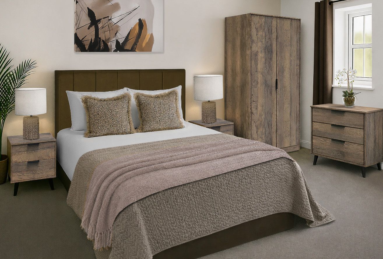 Moreton collection BTL bedroom furniture pack – Haus Kraft Vintage Oak with Liberty headboard in Chocolate Velvet