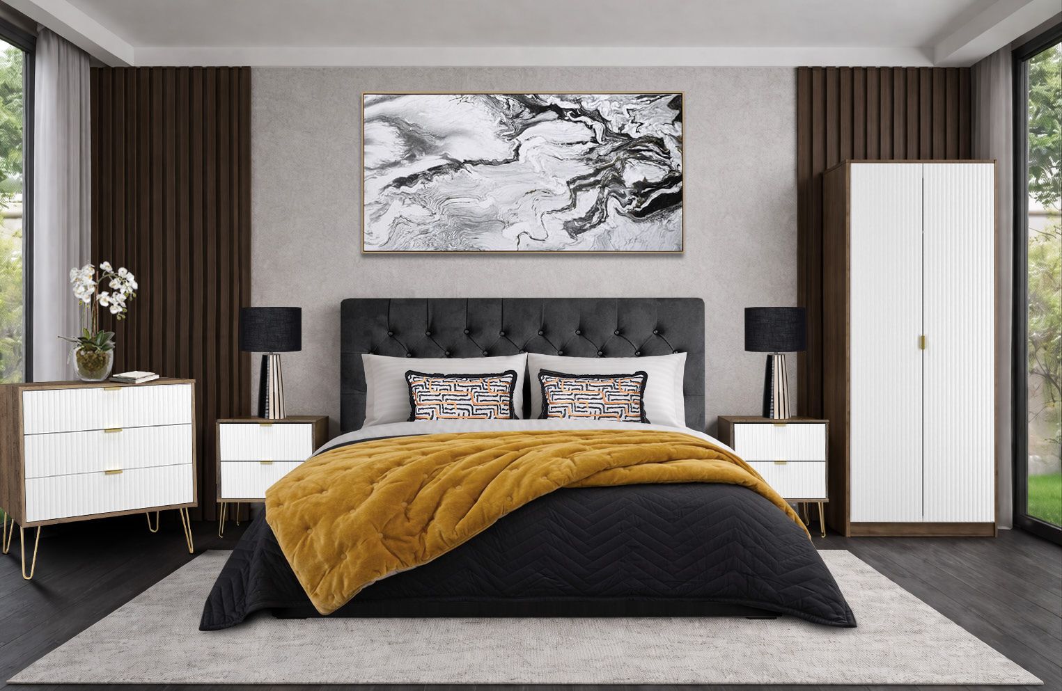 Mottram collection BTL bedroom furniture pack – Linear Vintage Oak & White with Juliette headboard in Black Velvet