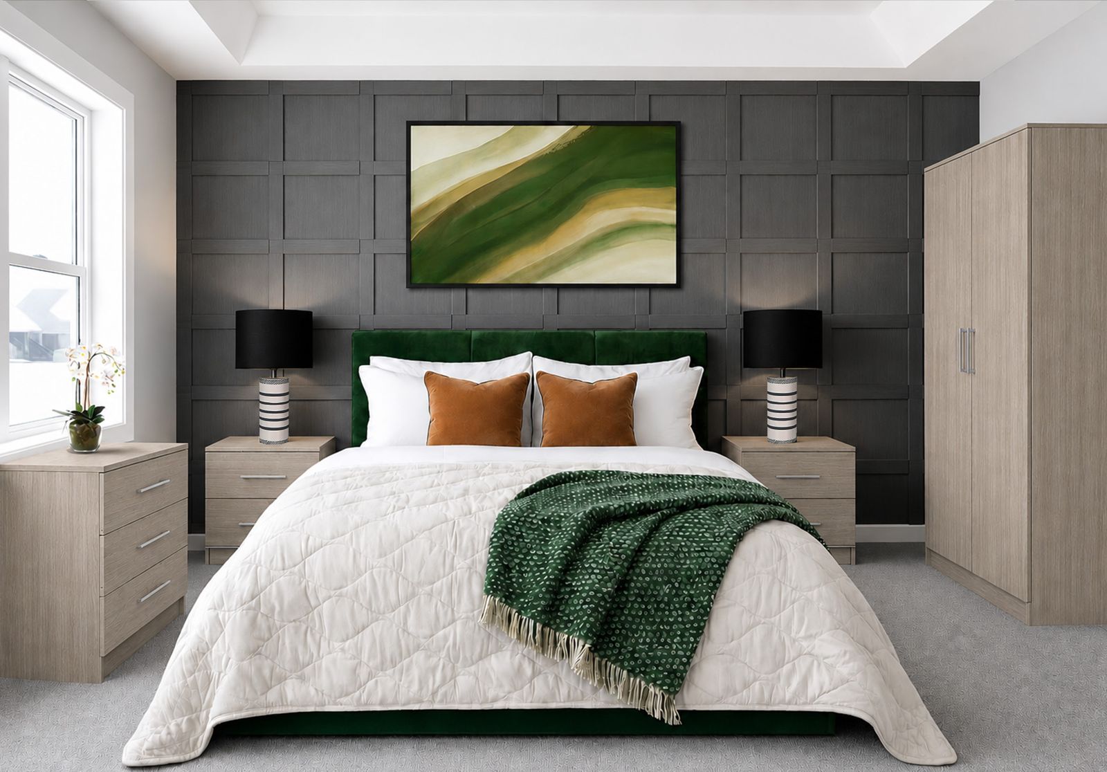 Plumley collection BTL bedroom furniture pack – Lorenzo Oak with Latchmere headboard in Emerald Velvet