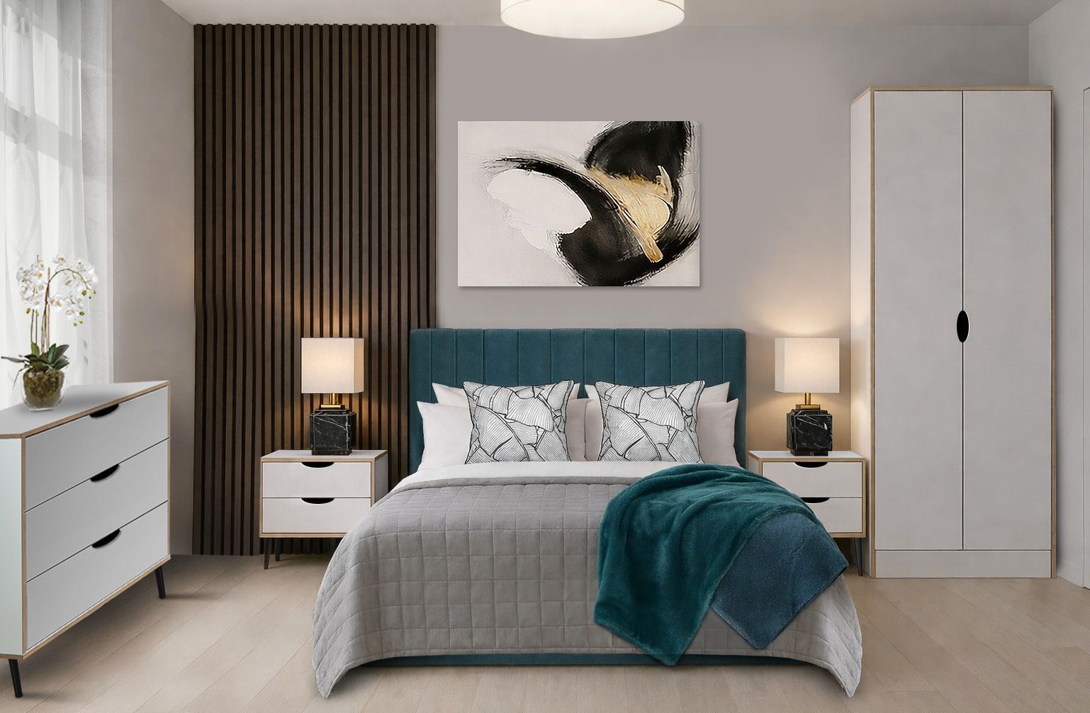 Shrigley collection BTL bedroom furniture pack – Scandi White with Amy headboard in Wool Sapphire