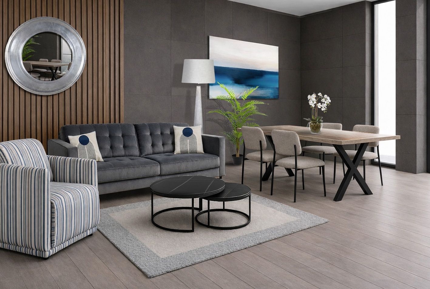 Shrigley collection BTL living room and dining furniture pack with Shrigley in Grey Flannel Velvet sofa
