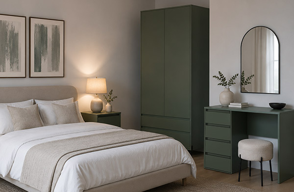Leona range HMO bedroom furniture in Reed Green — wardrobe and dressing table