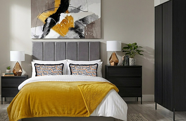 Leona range HMO bedroom furniture in Black Ash — wardrobe, chest of drawers and bedside table