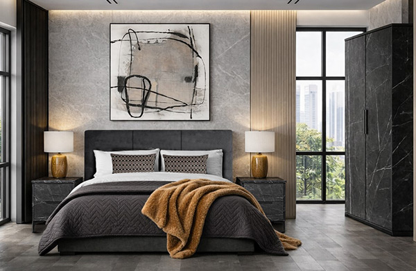 Pietra Griega HMO bedroom furniture in black marble effect — wardrobe and bedside table