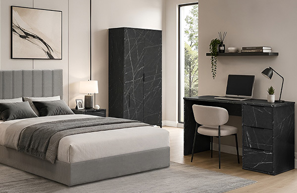 Pietra Griega HMO bedroom furniture in black marble effect — wardrobe, desk and bedside table with study chair