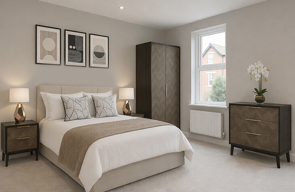 Essential Herringbone HMO furniture package with wardrobe bedside and chest